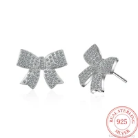 high quality 925 sterling silver zircon bowknot charm earrings bowknot bow studs earring women girl ladies jewelry wedding gift