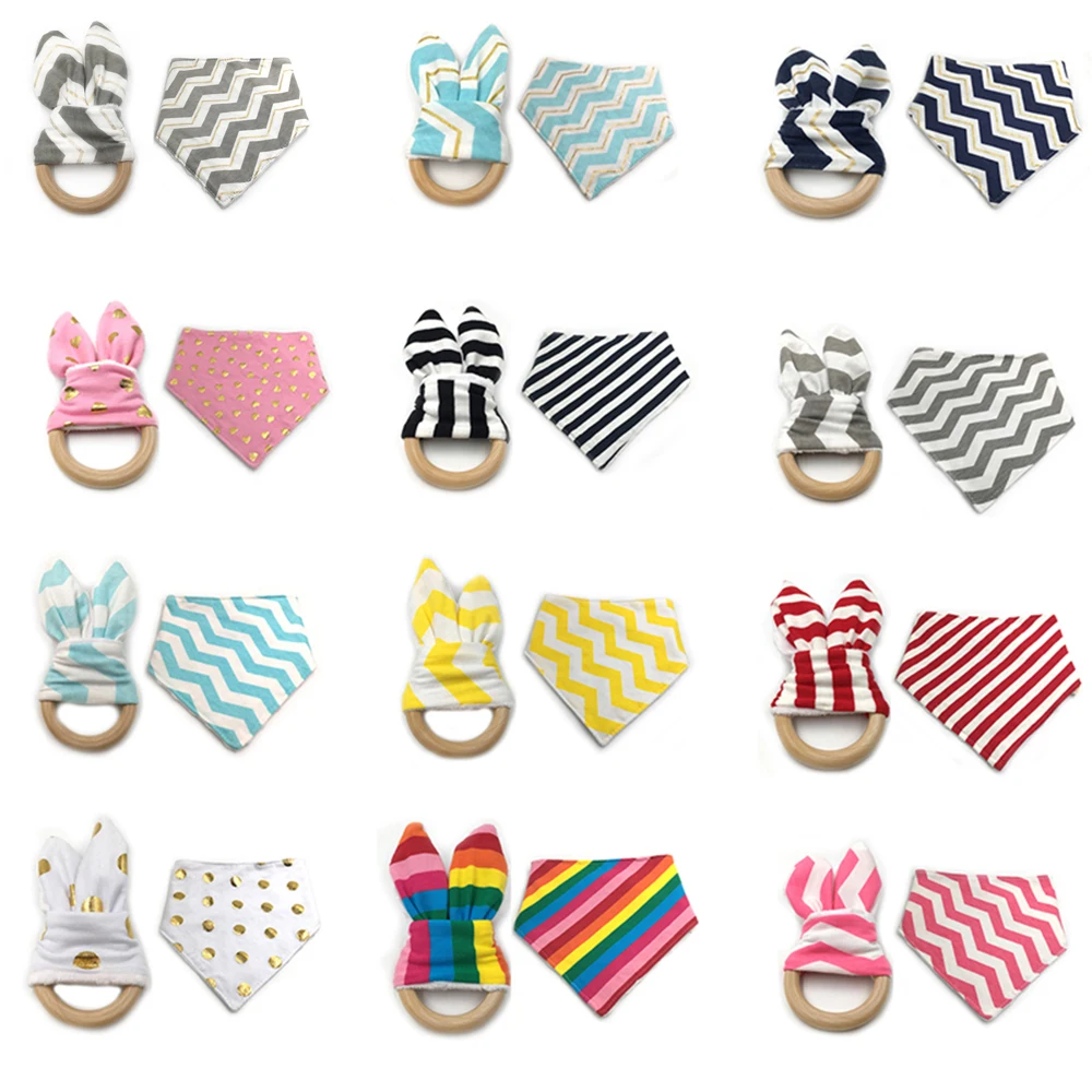 2Pcs/Set Baby Scarf Bibs with Bunny Ears Teethers Toy Toddler Infant Teething Gift Organic Natural Wooden Ring Teether |