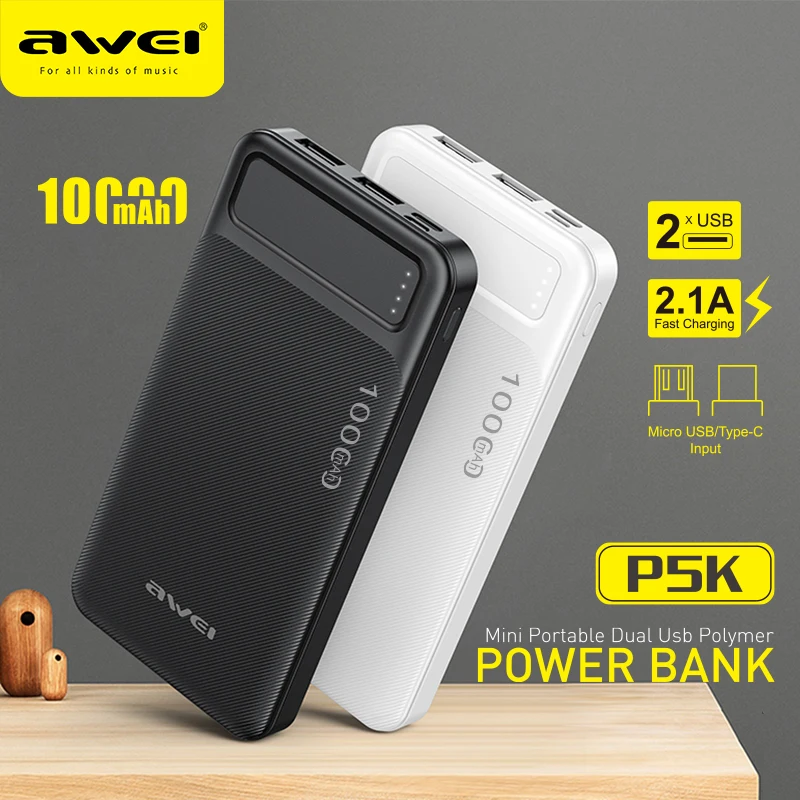 

Awei P5K портативный внешний аккумулятор 10000 мАч двойной USB A и Type c микро Двойной вход Быстрая зарядка для работы путешествия мобильный телефон