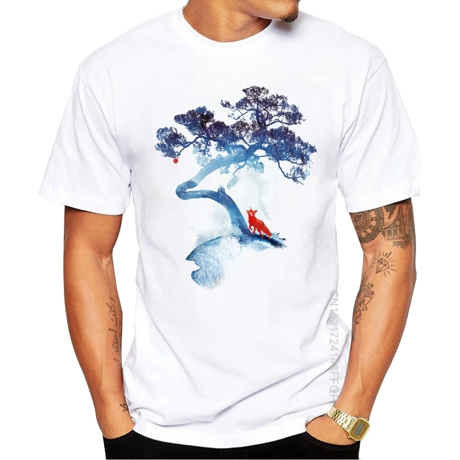 

The Last Tree Men T-Shirt Fashion Art Printed Cool Fox T Shirt Male Cotton Crew Neck Casual White Tops Hipster Tees
