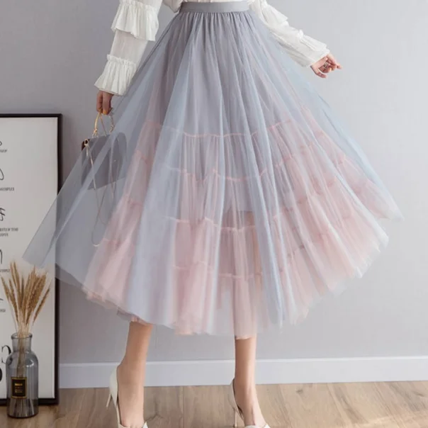 2020 Женская Расклешенная длинная юбка пачка из сетки весна лето плиссированная