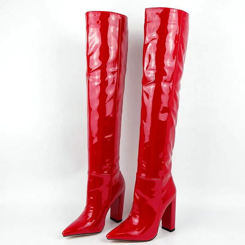 

Модные ботфорты из лакированной кожи без застежки; Женские высокие сапоги с острым носком; Женская обувь на высоком квадратном каблуке; Сез...