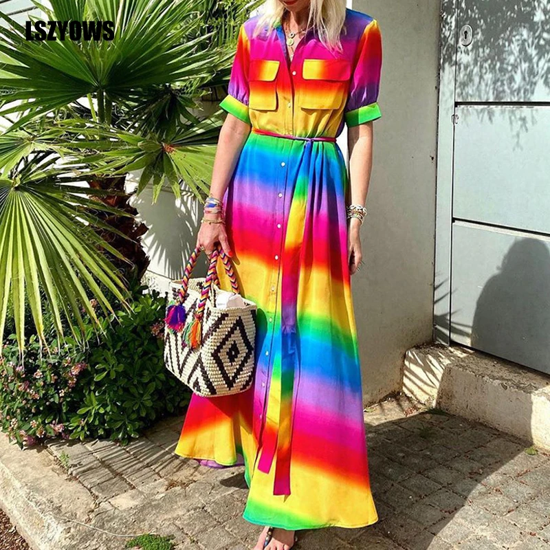 

Vintage Rainbow Striped Print Summer Dress 2021 Women Button Up Short Sleeve Casual Shirt Long Dress Ladies Elegant Maxi Dresses