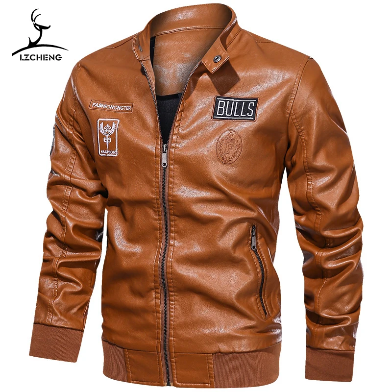 

AFS Embroidery Baseball Jackets Men Letter Stand Collar Pu Leather Coats Plus Size 4XL Fleece Pilot Leather Jacket hombre