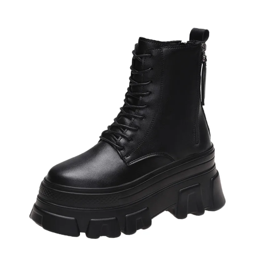 Autumn Women Thick Sole Ankle Boots Platform Leather Casual Boots 2021 Women's 8cm High Heels Wedge Boots Shoes Woman Sneakers