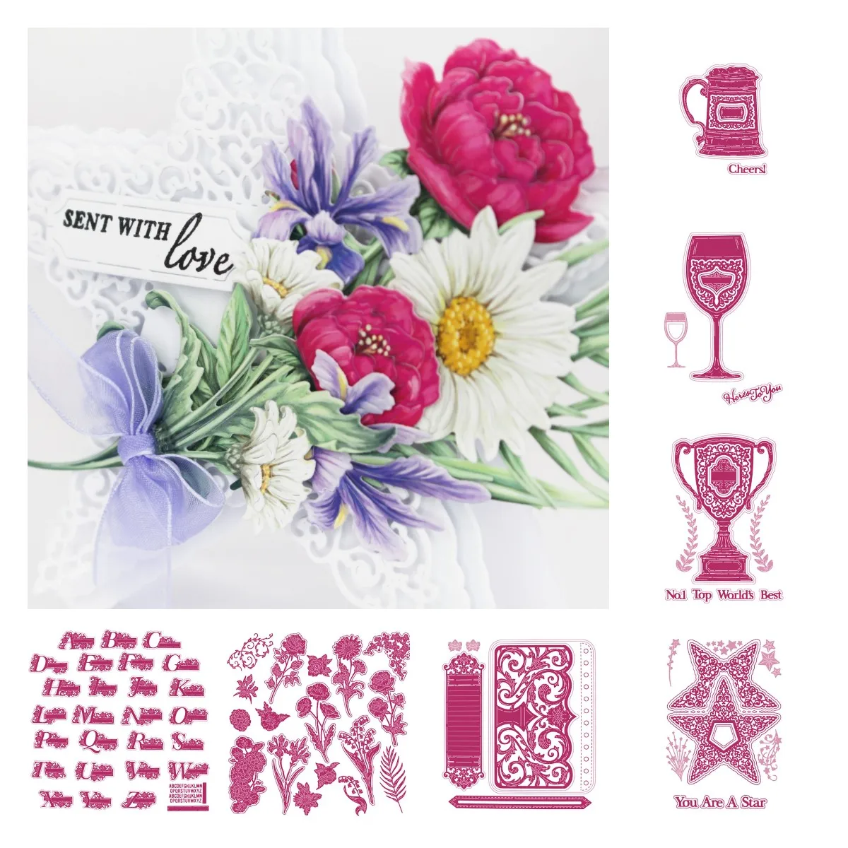 

Flower Cup Stars Trophy Wine Glass Letters Notes Metal Cutting Dies Scrapbook Diary Decoration Embossing Template DIY Card 2021