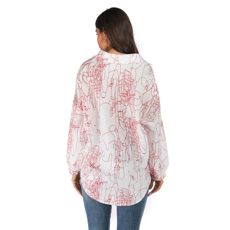 

2021 Spring Summer Autumn Casual Turn-down Collar Blouse Patchwork Print Size M-xl Women Shirts