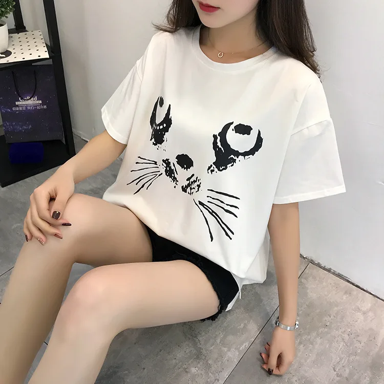 Милая футболка с принтом кота Женская свободная коротким рукавом и круглым
