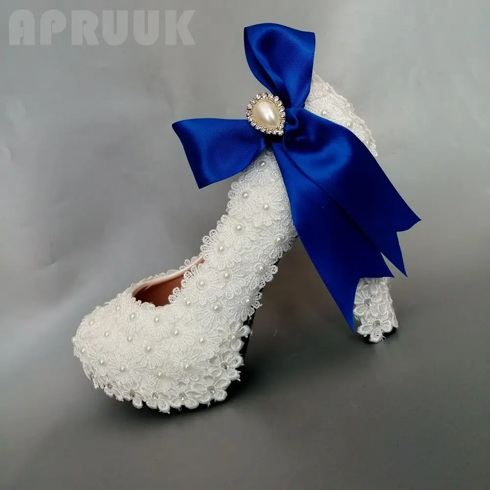 White lace pearl wedding party pumps with royal blue satin riband butterfly-knot bridal bridesmaid dancing dress shoes plus size | Обувь