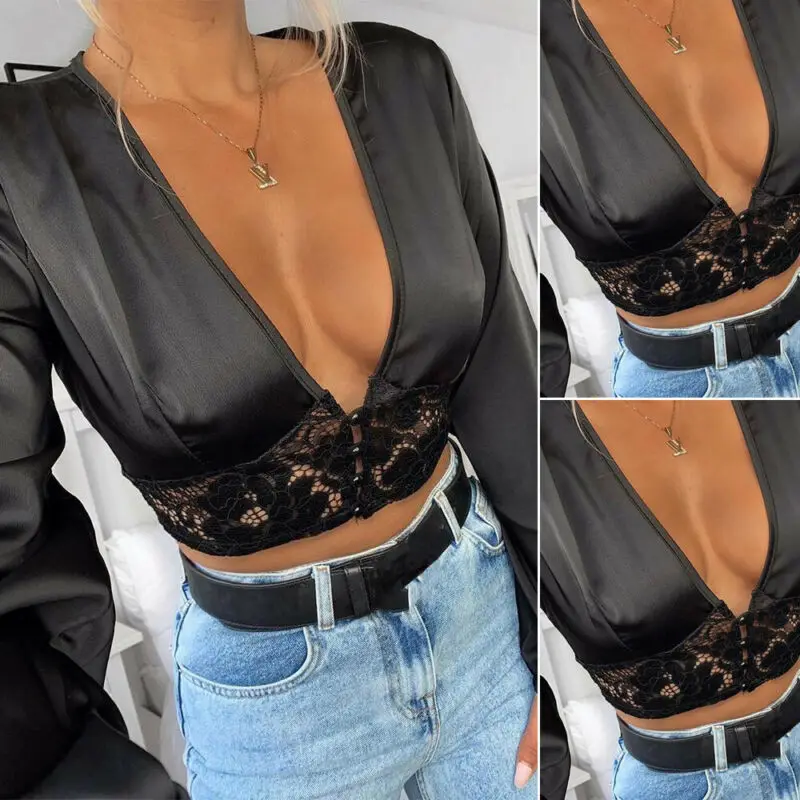 

Women sexy Mesh Crop Top See-through Hollow Deep V Lace Top Sexy Puff Long Sleeve lace black Shirt Female Autumn Slim Fit top