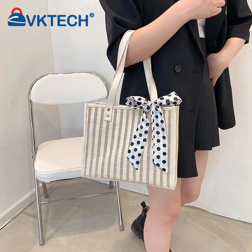 

Retro Women Woven Stripes Shopping Shoulder Bag Casual Silk Scarf Tote Handbags Leisure Woven Handbag for Travel