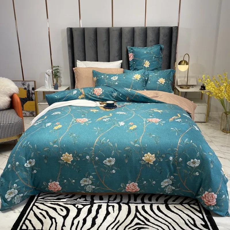 

100%Cotton Duvet Cover Set Boho Hibiscus Flowers Tree Branches Bedding Set 1Bed sheet 2 Pillow Shams, Queen Twin size 4Pcs set