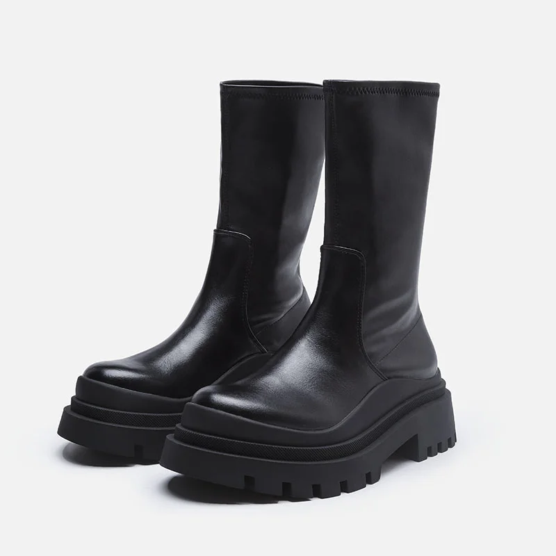 

Women's Martin Winter Shoes Black Thick-soled Mid-tube Calf Elastic Boots Increased Show Thin Short Booties Botas