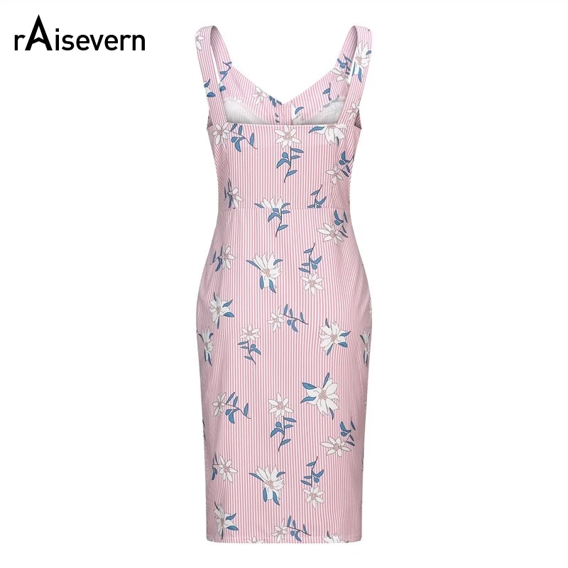 Raisevern Striped Printed Sling Long Split Dress Botton Fishtail 2019 Sweet High Waist Women Tight Sleeveless | Женская одежда