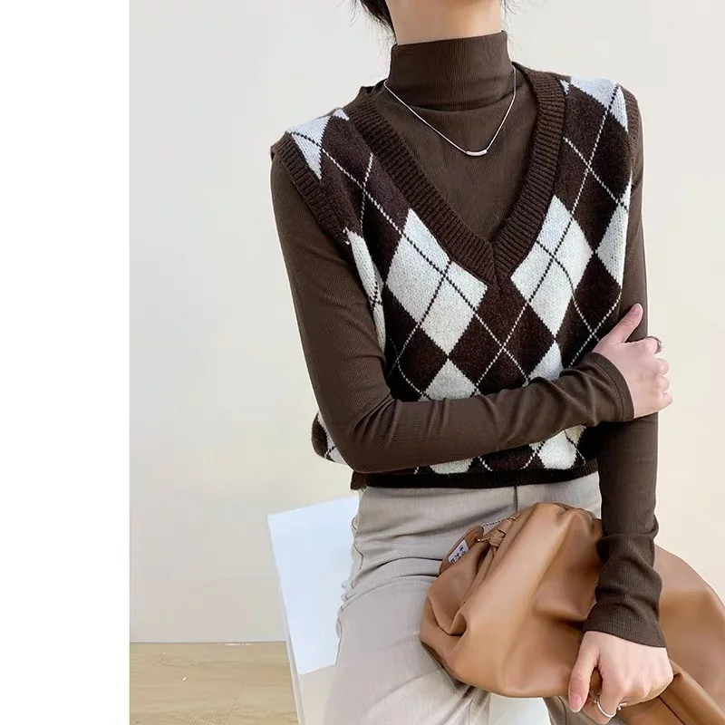 

2021 French Retro Checked Vest Spring Loose V-neck Over Knit Sweater Vest Over Sleeveless Women