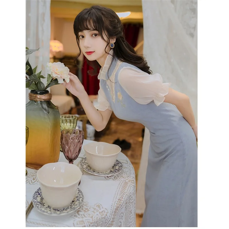 

Summer thin temperament stitching long skirt French sweet girl cheongsam improved version gentle wind dress