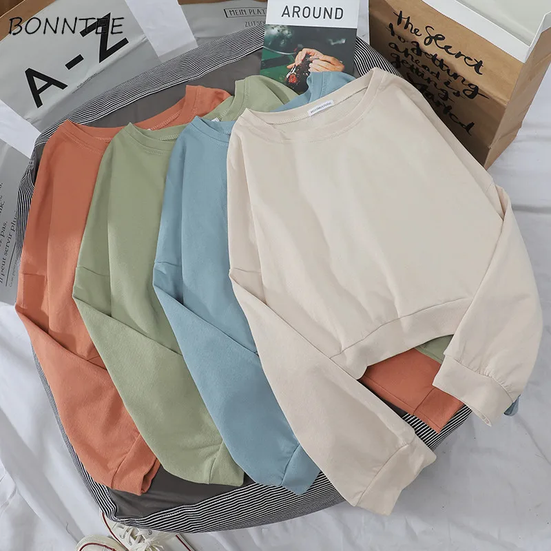 

Cropped Hoodies Women Korean Loose Lovely Simple O-neck Fashion Ladies Sweatshirt All-match Basic Newest Chic Womens Clothing