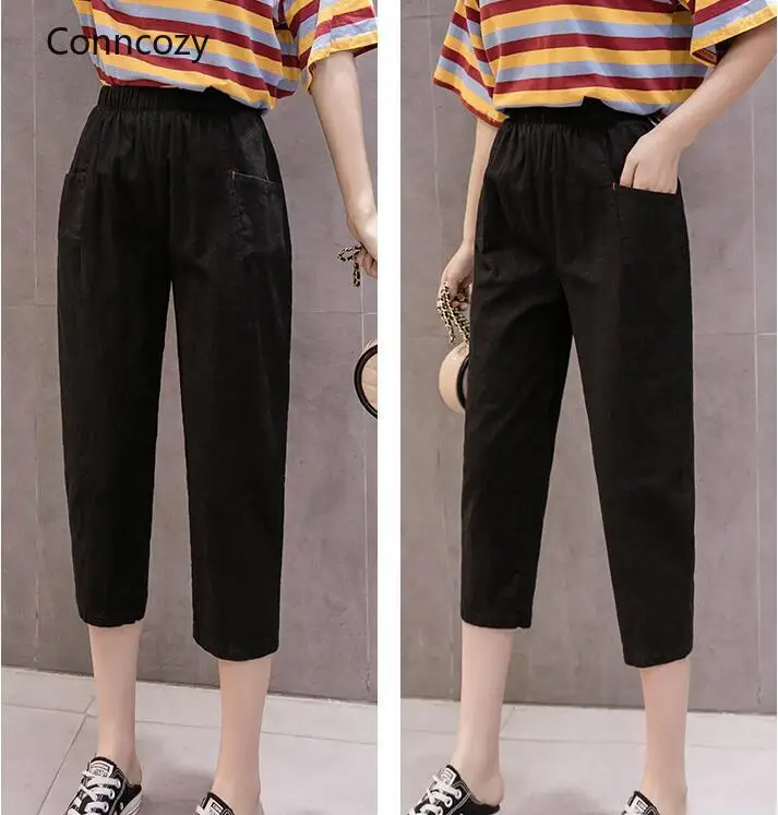 

Women Clothing Cotton Linen Cropped Trousers Pants High Waist Summer Knee Length Pants Korean Lady Pencil Harem Casual Trousers