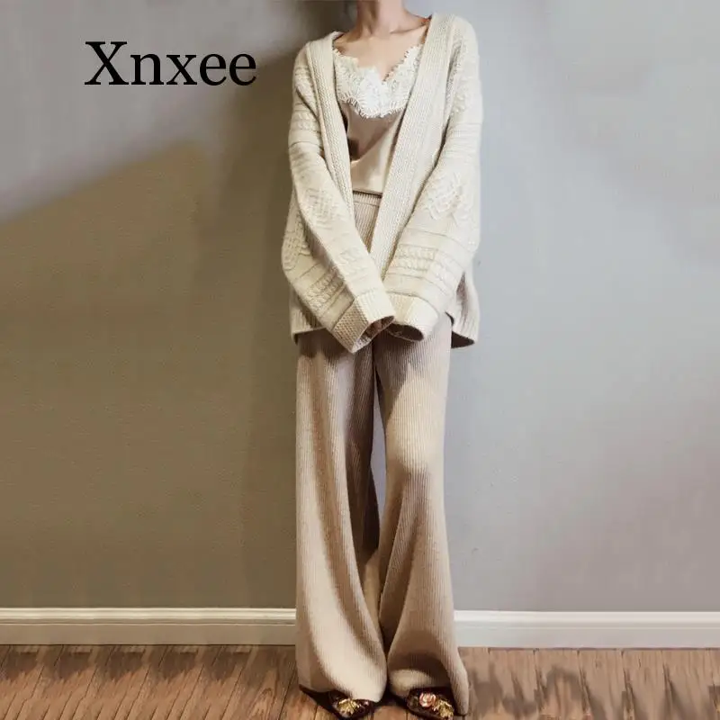 cashmere camel pants female Autumn Winter soft waxy comfortable pure knitted wide leg Casual Loose Knitted women | Брюки