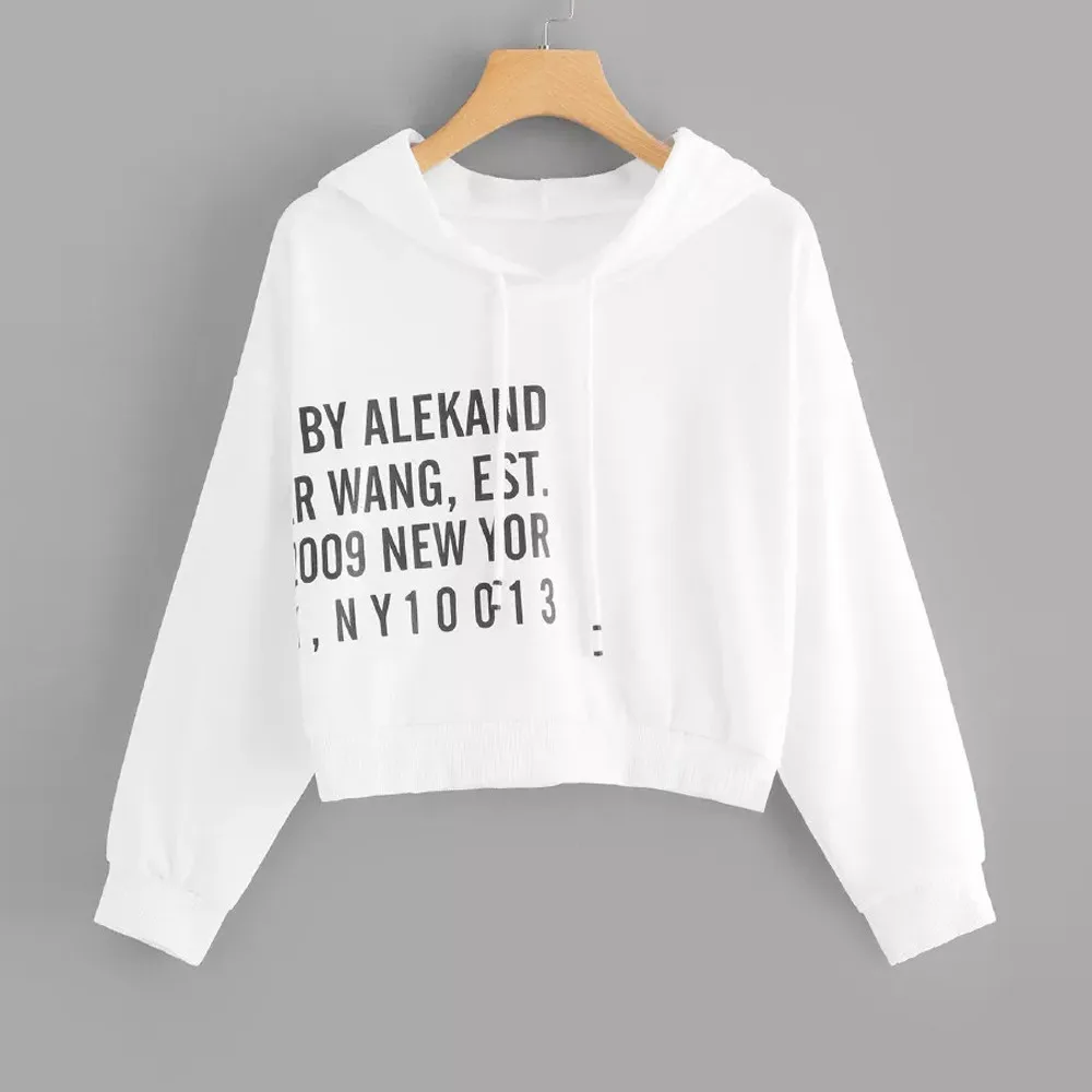 2019 женские свободные короткие укороченные топы с принтом букв повседневные худи