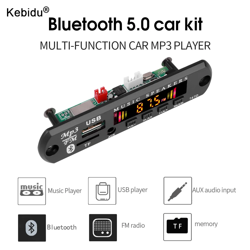 9V-12V MP3 Player Decoder Board Bluetooth 5.0 Receiver Car Kit Color Screen FM Radio TF USB 3.5mm AUX Audio For Iphone XS