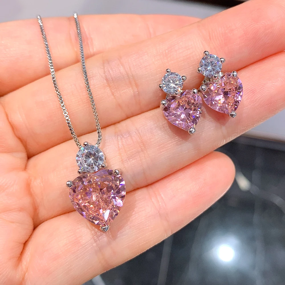 

Luomansi Hot Sale Pink High Carbon Diamond Heart Shaped 925 Silver Jewelry Set Pendant Necklace Pendant Earrings Woman Party Set