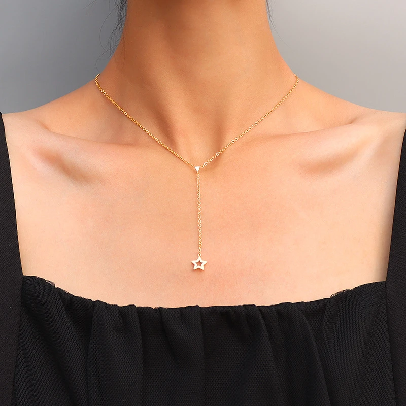 

Vintage Hollow Out Five Pointed Star Pendant Fashion Gold Color Stainless Steel Tassel Necklaces For Women 2021 New Jewelry