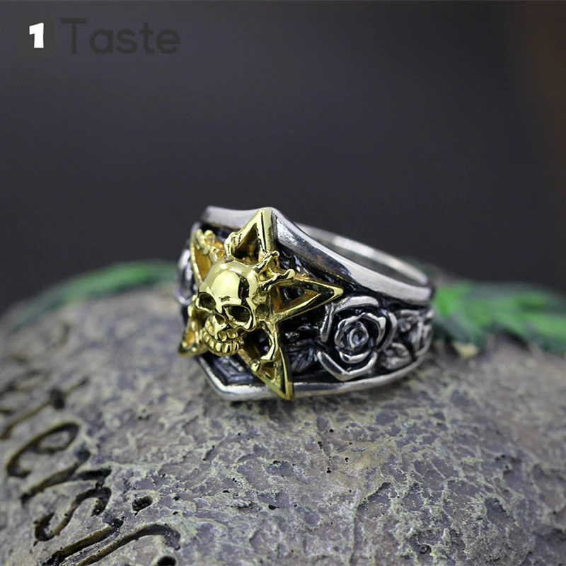 

ONE TASTE 925 Sterling Thai Silver Men's Ring Handcraft Carved Skeleton Rose Rings Fine Jewelry Vintage Trendy Hiphop Gift Party