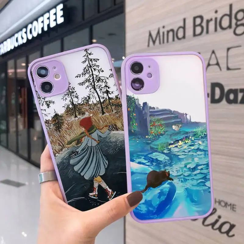 

Cartoon Scenery Girl Phone Case For iPhone 12 11 Mini Pro XR XS Max 7 8 Plus X Matte transparent Purple Back Cover