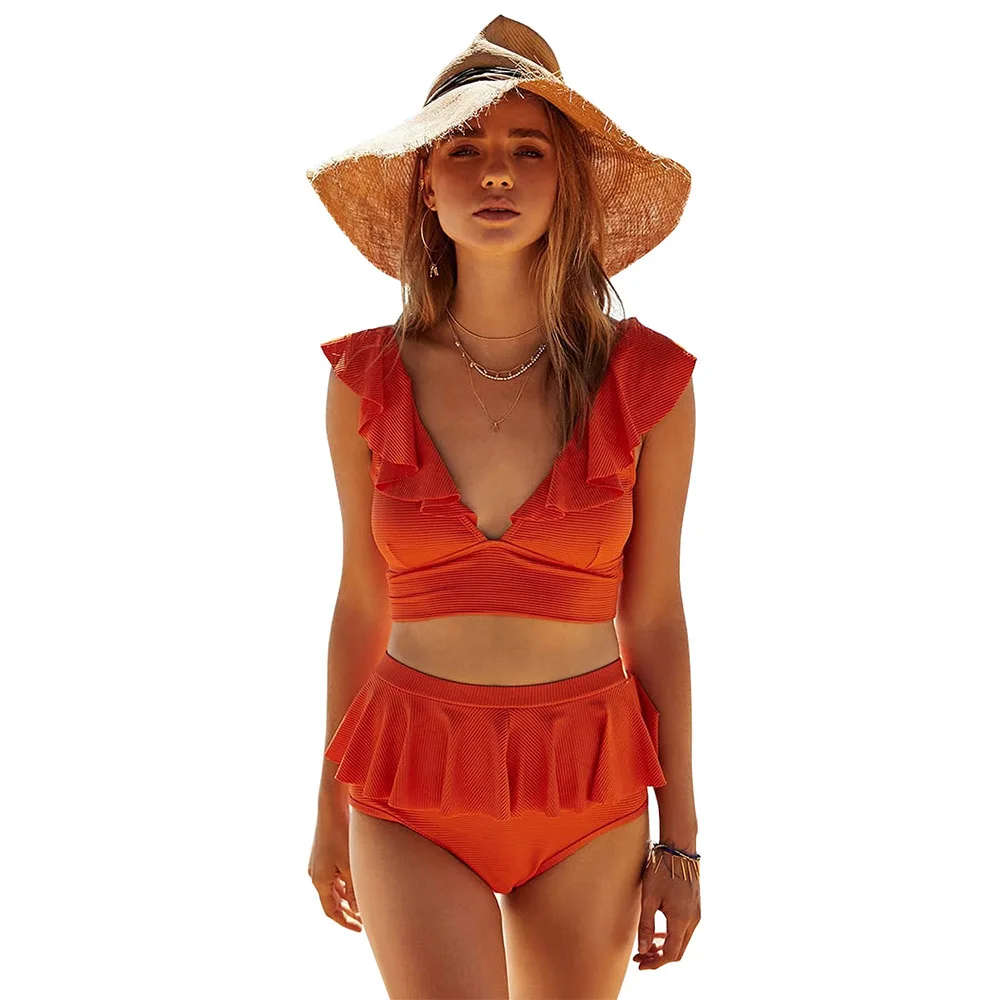 

ZQLZ Sexy V-neck Ruffled Women Bikini Set Two-pieces Solid Swimwear Biquini High Waist Casual Push Up Split Female Bathing Suits