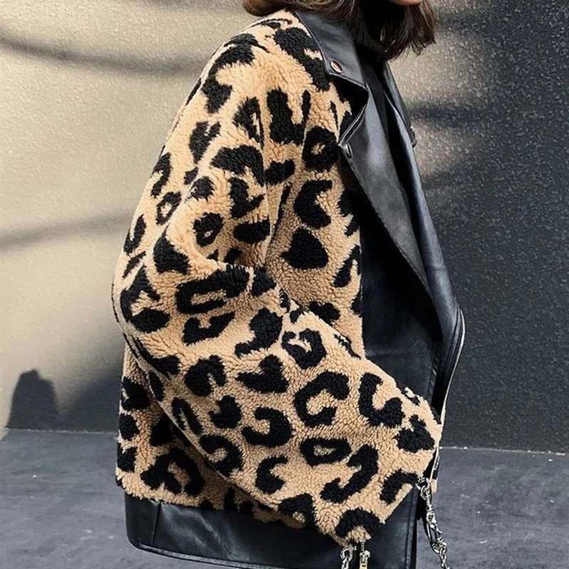 Women Leopard Teddy Fur Jackets Faux Fur Outerwear Female Overcoat Leather Jacket Winter Long Coat Womens Fashion Vintage Suit