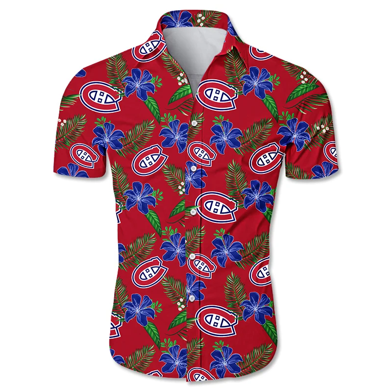 

Montreal men's casual hawaiian shirts Blue flower fun letter printing 3D Canadiens tops