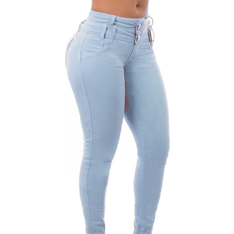 

Womens High Rise Skinny Jeans Solid Color Button Bodycon Slim Denim Pencil Pants