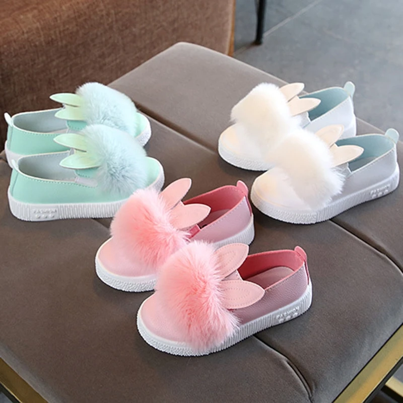 

P15C Toddler Baby Girl Rabbit Ear Pompom Single Shoes Faux Leather Solid Slip-On Soft