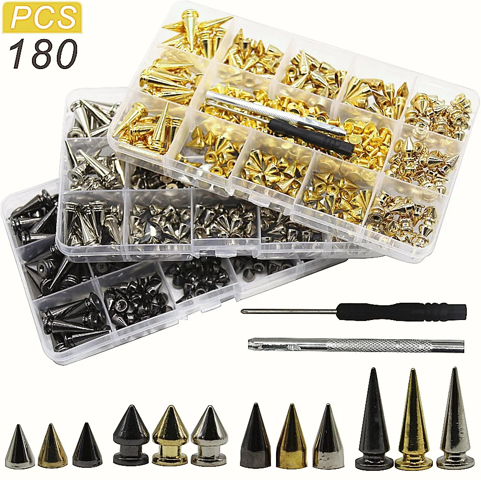 

180 Sets Punk Rivet Pointed Nail Alloy Bullet Rivet DIY Rivet with Tools Leather Craft Bullet Cone for Leather Collar Bracelet