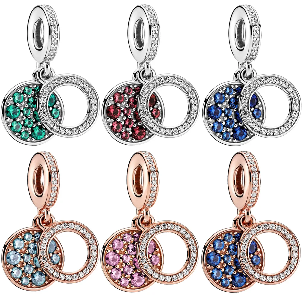 

NEW 925 Sterling Silver Beads Sparkling Zircons Disc Double Dangle Charms Fit Original Pandora Bracelets Women DIY Jewelry