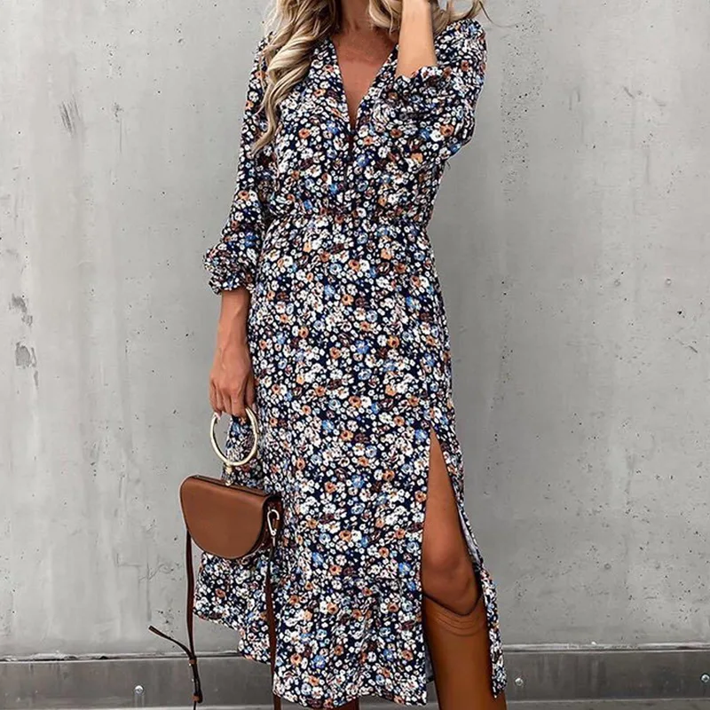 

Autumn V Neck Long Floral Dress For Women 2021 Slim Long Sleeve Casual Split Print Dress Female Boho Maxi Party Vestidos
