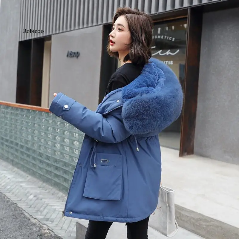 

New Winter Parkas Women Large Fur Collar Hooded Jacket Thickness Cotton Padded Overcoat -30 Degree Snow Outwear