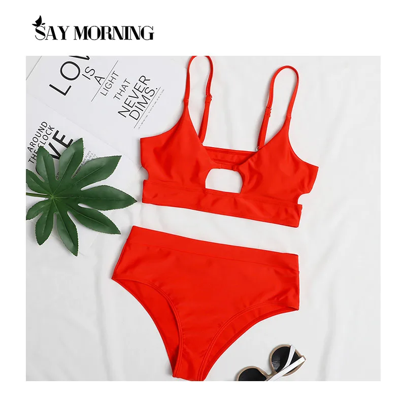 

SAY MORNING 2021 New Solid Split Bikini Swimsuit Sexy Triangle High Waist Women's Swimwear Bikini Bathing Suit Beach