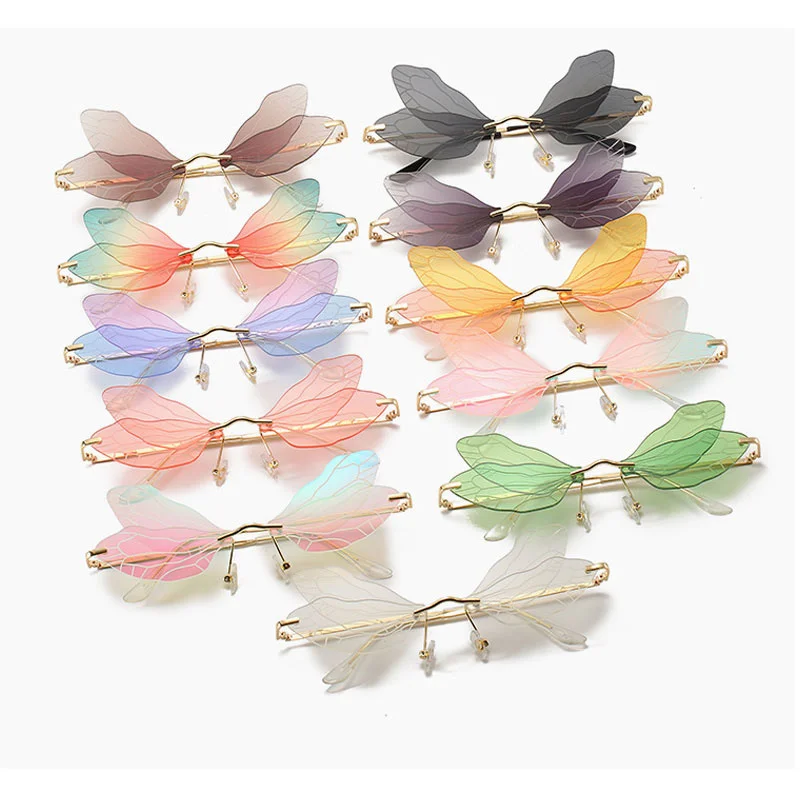 

2021 Vintage Dragonfly Wings Sunglasses Fashion Rimless Women Clear Lens Eyewear Men Pink Sun Glasses UV400 Eyewear Female