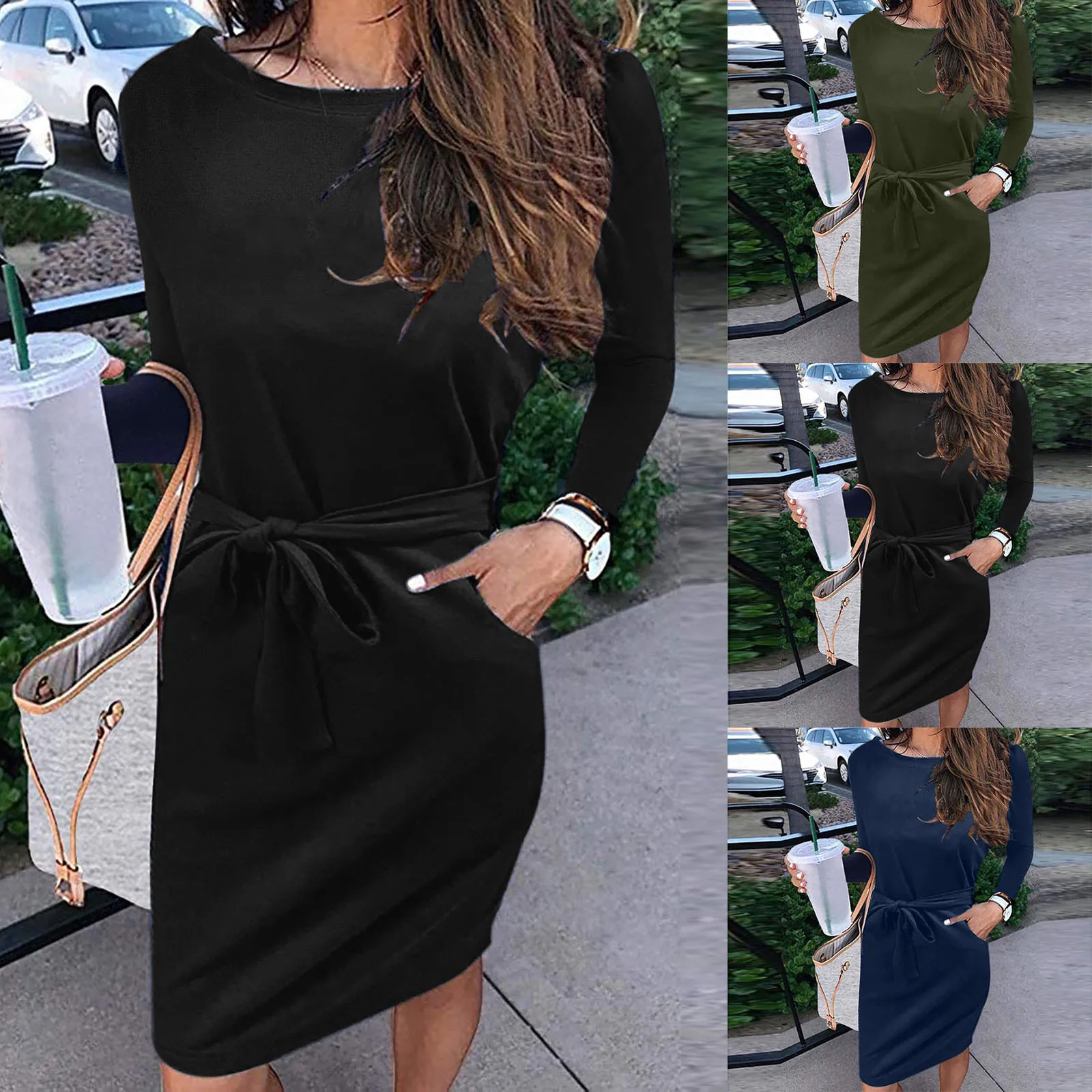 

Winter Women Casual Solid Long Sleeve O-Neck Bandage Knee-Lenght Dress Fashion Solid Loose Pocket Ladies Mini Dress Vestidos