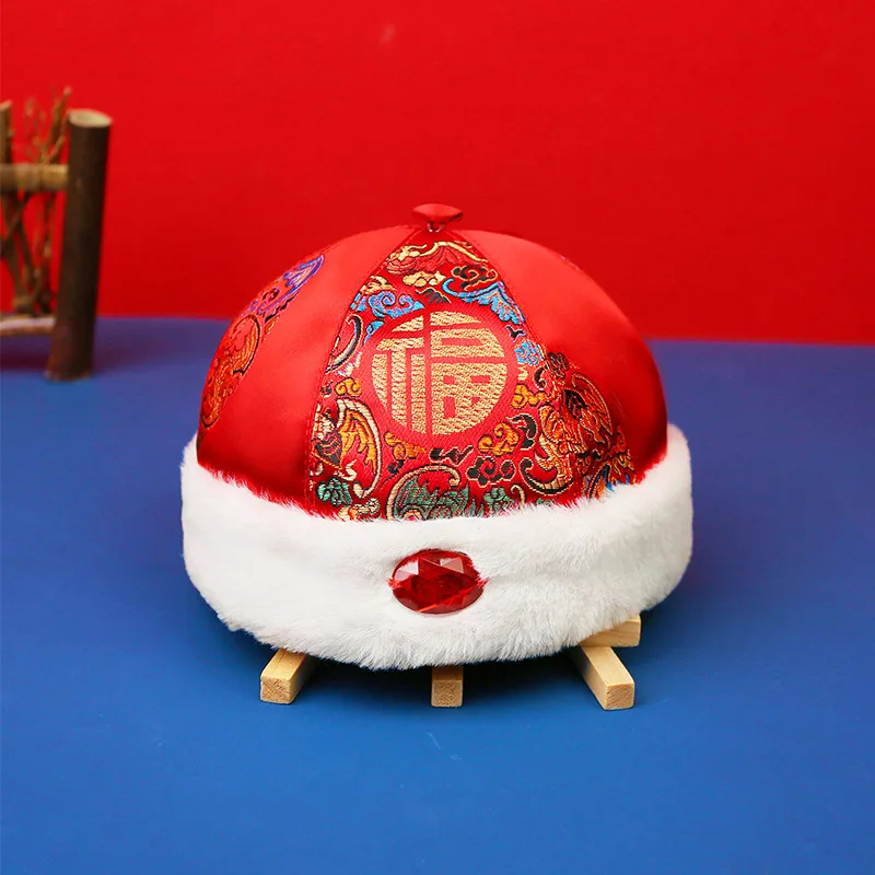 

8Colors Chinese Style New Year Boy Girl Red Hat Caps Kids Baby Traditional Embroidery Hanfu Tang Suit Hats Cute Yellow Headwear