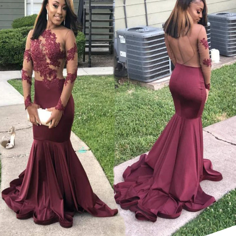 

Sexy Long Sleeve Mermaid Burgundy Evening Dress Open Back Lace Appliques African Party Gown Prom Dresses Robe De Soiree Vestido