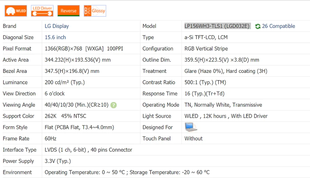 LP156WH3 TLS1 (LGD032E) LP156WH3(TL)(S1) 15 6 дюймов ЖК дисплей Панель 40 шпильки 1366*768 Новый & A + Класс в