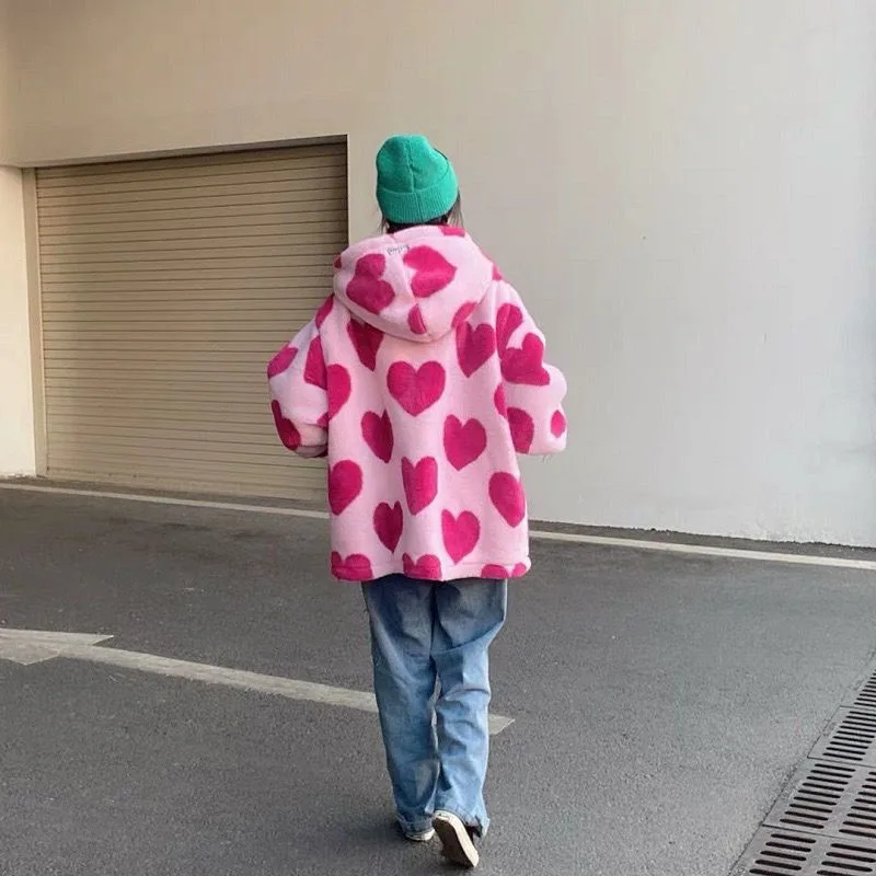 

2022 Spring Faux Lambswool Cotton Jacket For Women New Loose-Fitting Love Print Thickened Long-Sleeved Coat