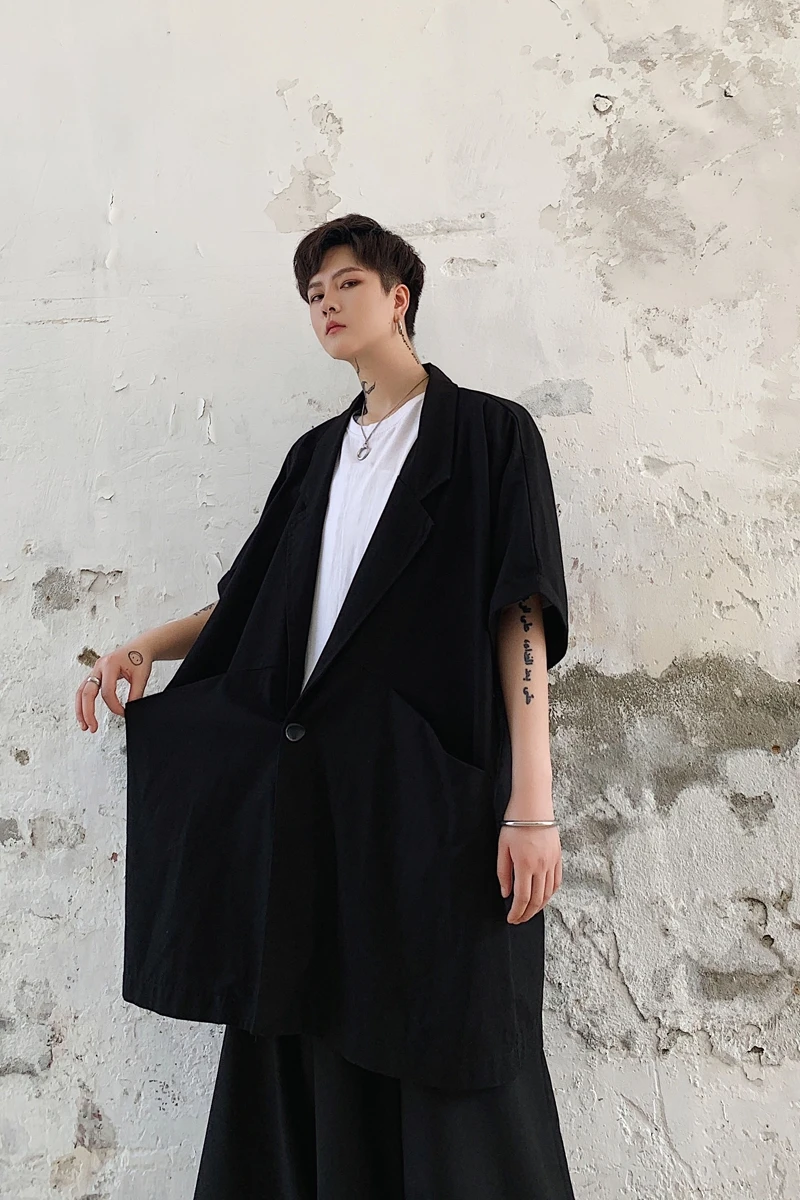 

Chinese Linen Coat Casual Men Cloak Fashion Long Coat Loose Hemp Cotton Short Sleeve Lapel Coat Men's Clothes 2021 Summer