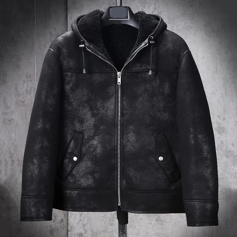 Denny&ampDora New Mens B3 Shearling Jacket Black Leather Hooded Fur Coat Short Sheepskin Winter Coats