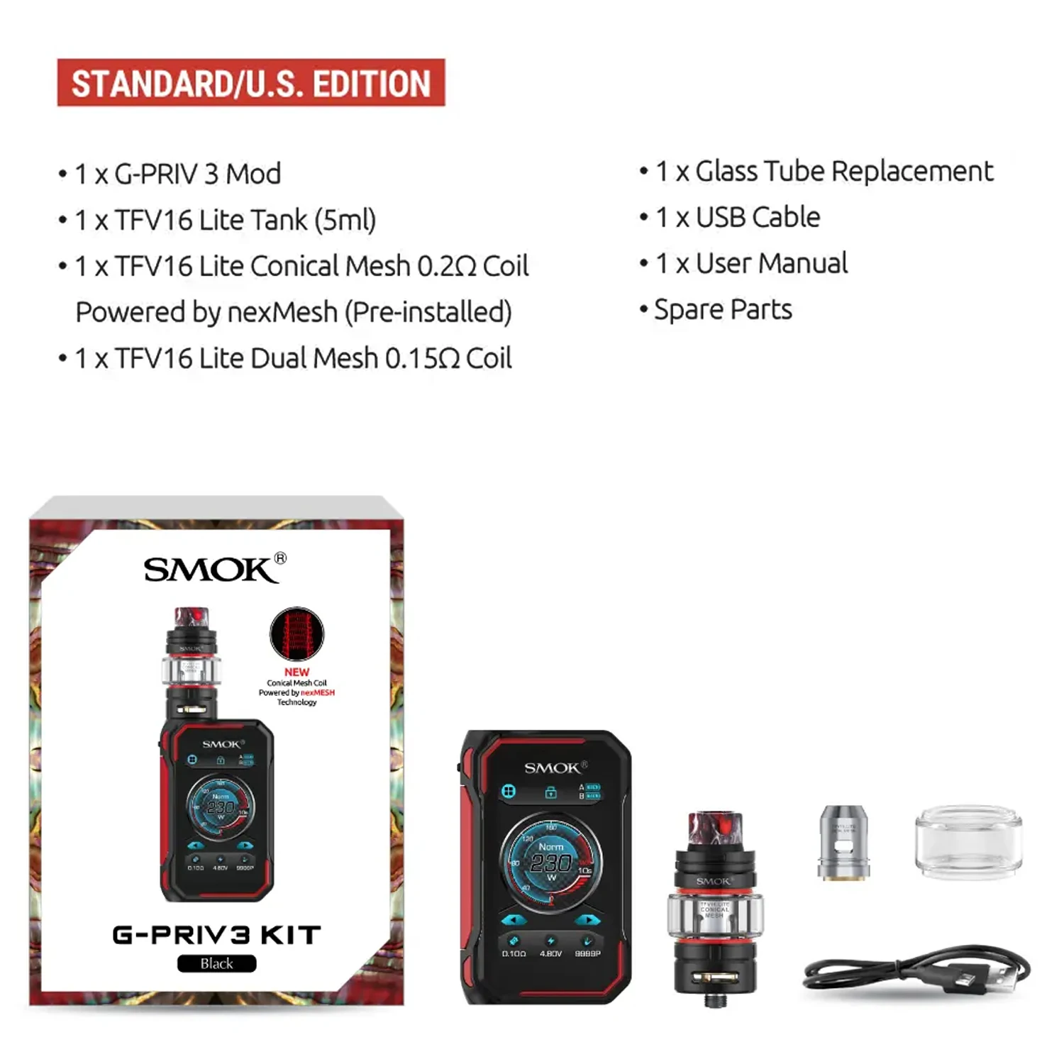 Оригинальный SMOK 230W G-PRIV 3 Vape Mod сенсорный экран 2 4 дюйма бак TFV16 Lite 5 мл электронная