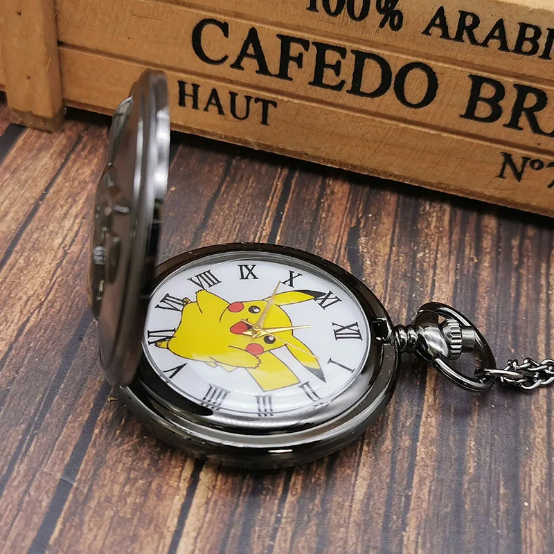 New Arrival Pikachu Black Quartz Pocket Watches Mens Analog Fob Watch Pendant Chain Gift Kids Toy Ball Pokemon for Men Women | Наручные