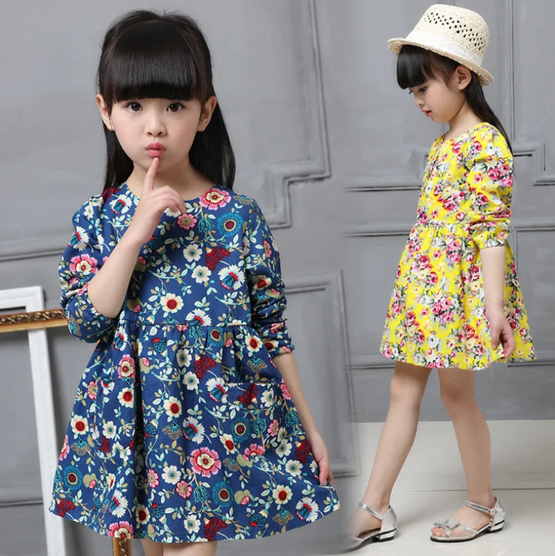 2021 Spring Fall Kids Dresses for Girls Baby Clothes Children Long Sleeve Floral Print Princess Flower Girl | Детская одежда и